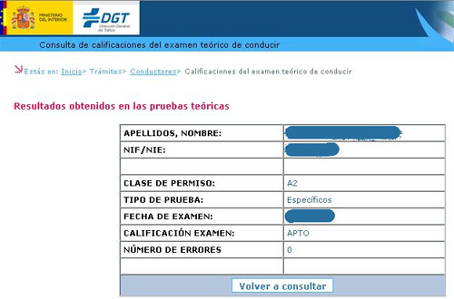 Resultados DGT exámenes notas