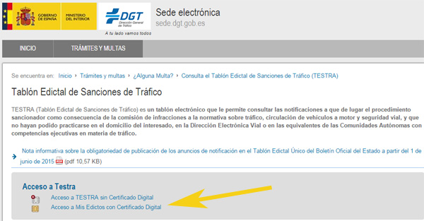 Consulta TESTRA multas sin certificado o con certificado digital